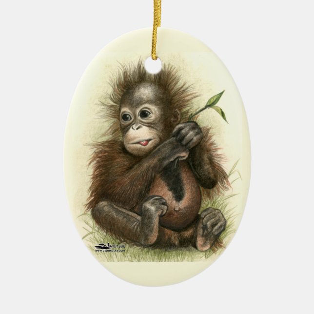 Orangutan Baby With Leaves Ceramic Tree Decoration (Front)