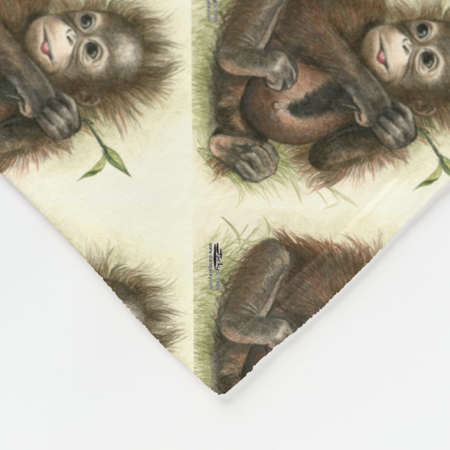 Orangutan Baby With Leaves Fleece Blanket (Corner)