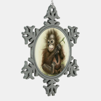 Orangutan Baby With Leaves Snowflake Pewter Christmas Ornament