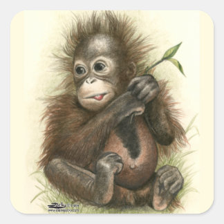Orangutan Baby With Leaves Square Sticker