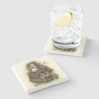 Orangutan Baby With Leaves Stone Coaster