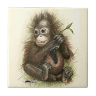 Orangutan Baby With Leaves Tile