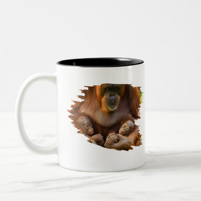 Orangutan Mother Holding Two Babies Two-Tone Coffee Mug (Left)