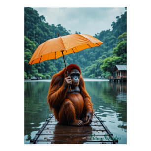 Orangutan with Orange Umbrella Poster
