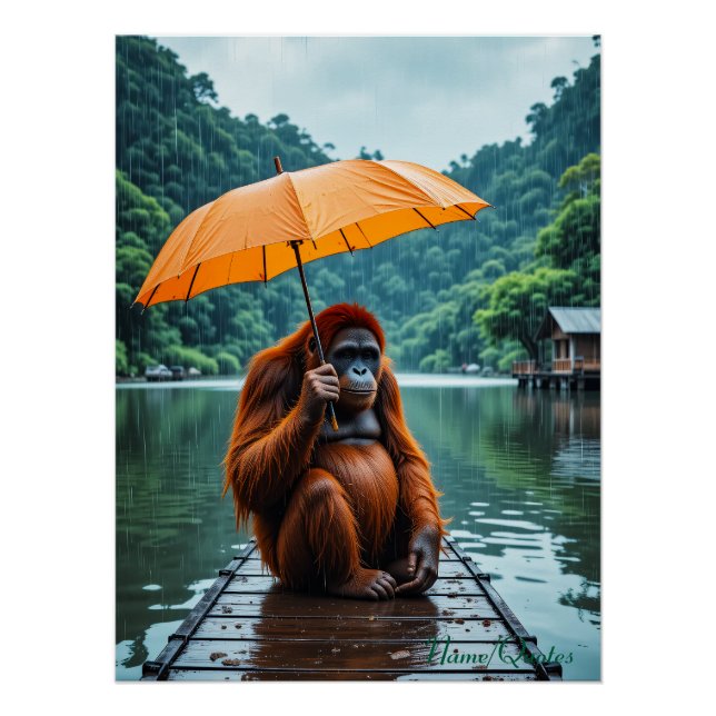 Orangutan with Orange Umbrella Poster (Front)