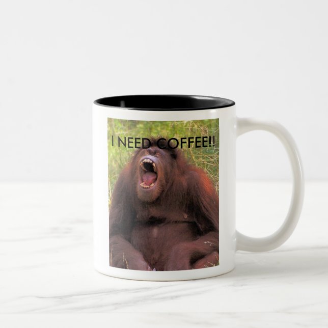 orangutan_yawn, I NEED COFFEE!! Two-Tone Coffee Mug (Right)