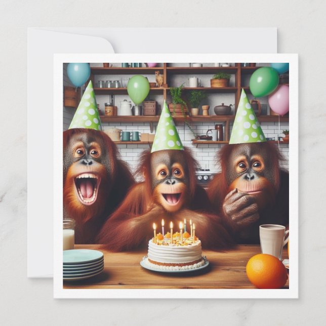 Orangutangs celebrating, ape picture birthday invitation (Front)