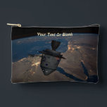 Orbital Dreidel Accessory Pouch<br><div class="desc">For aspiring astronauts: A manned Chanuukah dreydel (dreydel) in orbit over the Middle East. The background image resembles spacecraft hull plates,  and there are also an Israeli flag and roundel (star).  Customise by adding your own text.

Earth image courtesy NASA.</div>