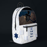 Orbital Dreidel Printed Backpack<br><div class="desc">For aspiring astronauts: A manned Chanuukah dreydel (dreydel) in orbit over the Middle East. The background image resembles spacecraft hull plates,  and there are also an Israeli flag and roundel (star).  Customise by adding your own text.

Earth image courtesy NASA.</div>