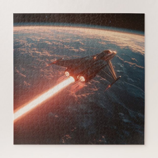 Orbital Jet Over Earth – Sci-Fi Puzzle (Vertical)