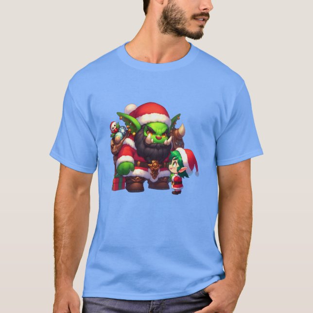 Orc Santa Delivering Presents to Little Elf T-Shirt (Front)
