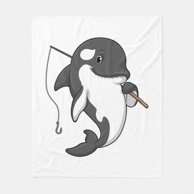 Orca as Fisher with Fishing rod Fleece Blanket (Front)