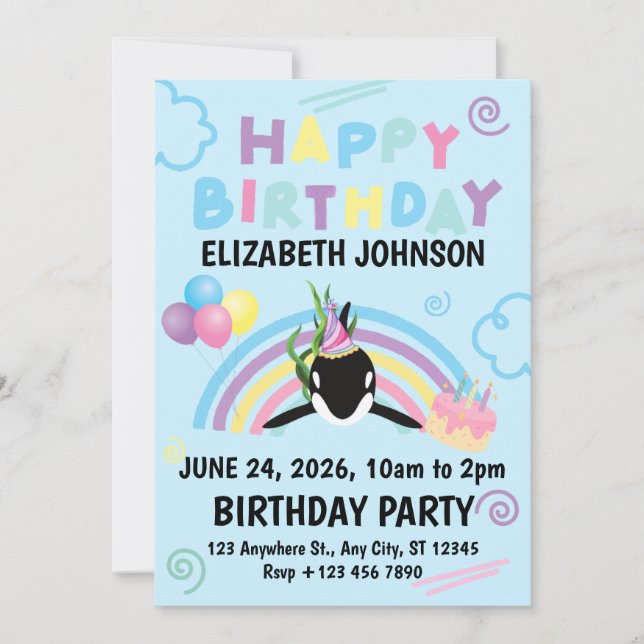 Orca Birthday Invitation in Blue (Front)