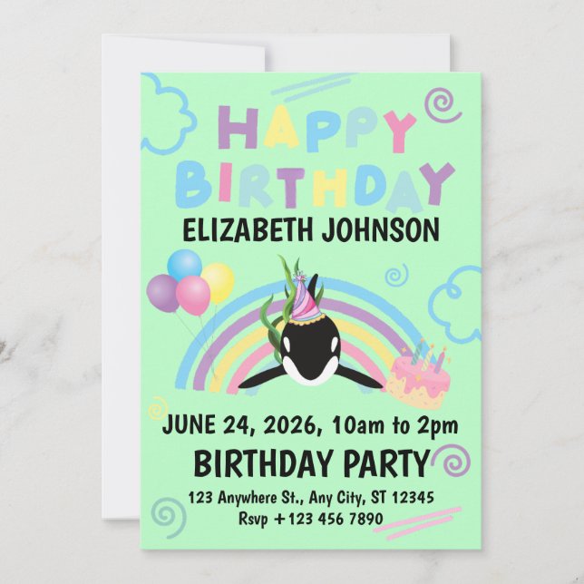 Orca Birthday Invitation in Green (Front)
