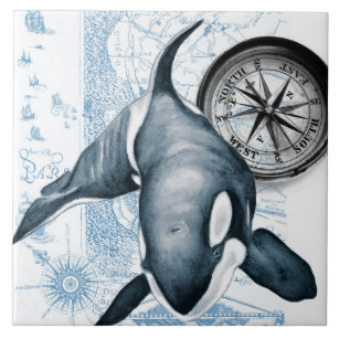 Orca Blue Compass Vintage Map Tile