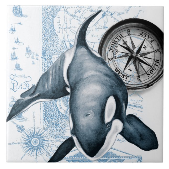 Orca Blue Compass Vintage Map Tile (Front)