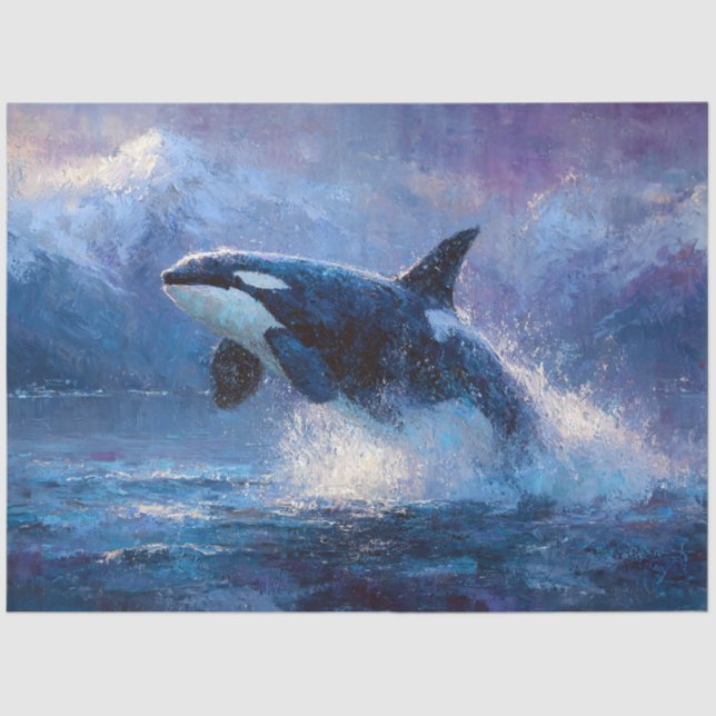 Orca Breaching Near Snowy Mountains Tissue Paper (Front)