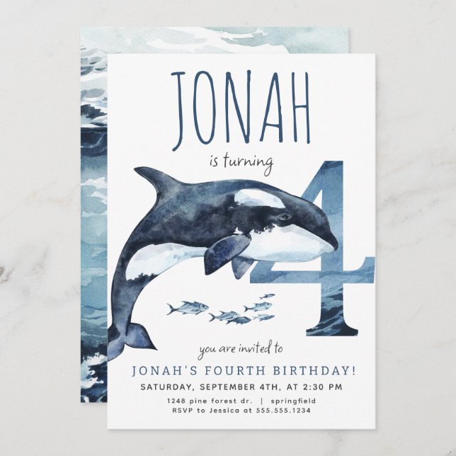 Orca Fourth Birthday Invitation (Front/Back)