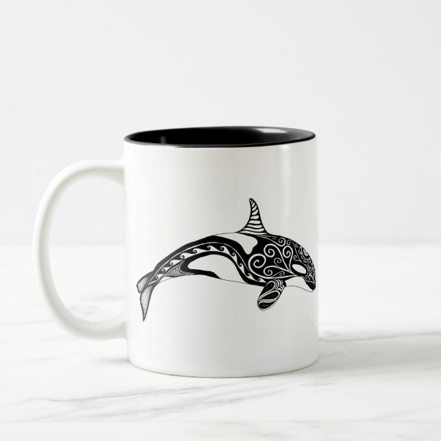 Orca - Hand Drawn - Black and White Two-Tone Coffee Mug (Left)