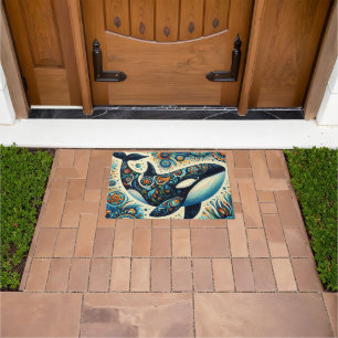 Orca Killer Whale Floral Whimsical Nautical Beach Doormat