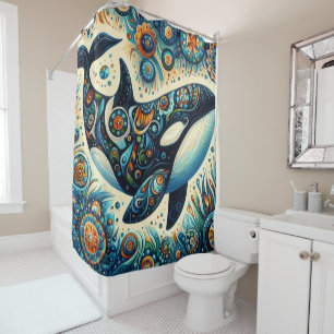 Orca Killer Whale Floral Whimsical Nautical Beach Shower Curtain