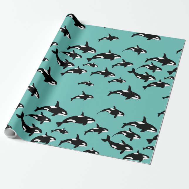 Orca Killer Whale Pattern on Blue Wrapping Paper (Unrolled)