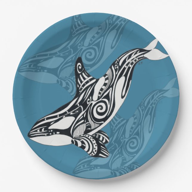 Orca Killer Whale Tlingit Indigo Blue ink Paper Plate (Front)