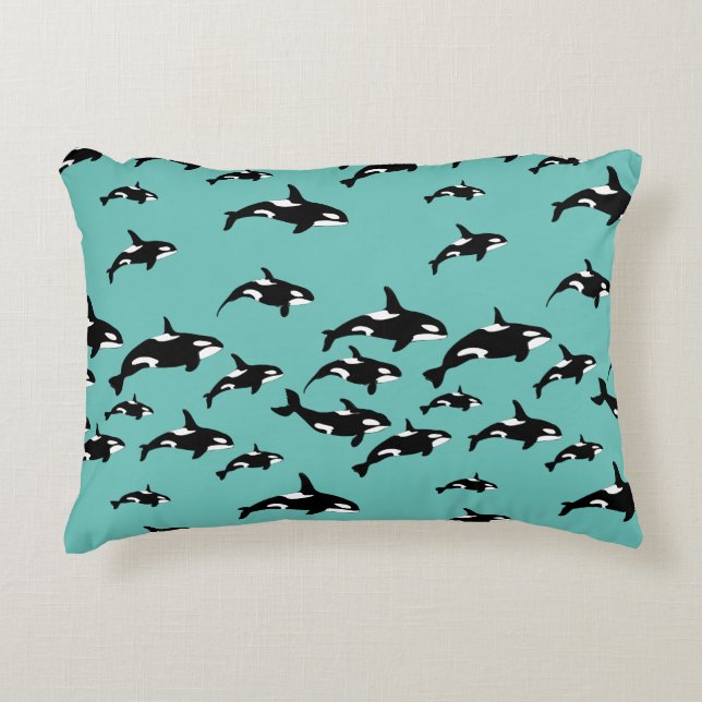 Orca Killer Whales on Blue Cool Marine Wildlife Decorative Cushion (Front)