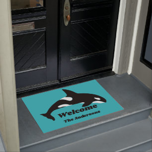 Orca Killer Wheel Teal Blue Personalized Doormat