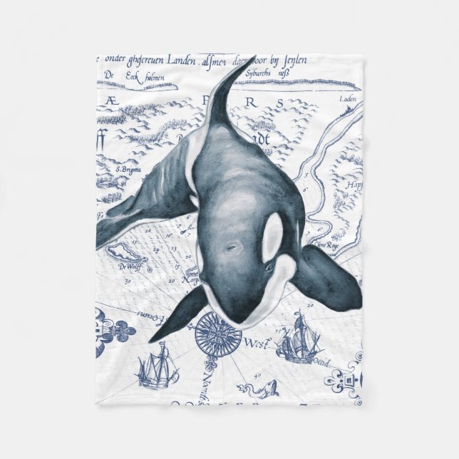 Orca Map Blue Fleece Blanket (Front)