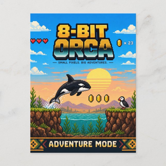 Orca, Retro 8-Bit Pixel Art Postcard (Front)