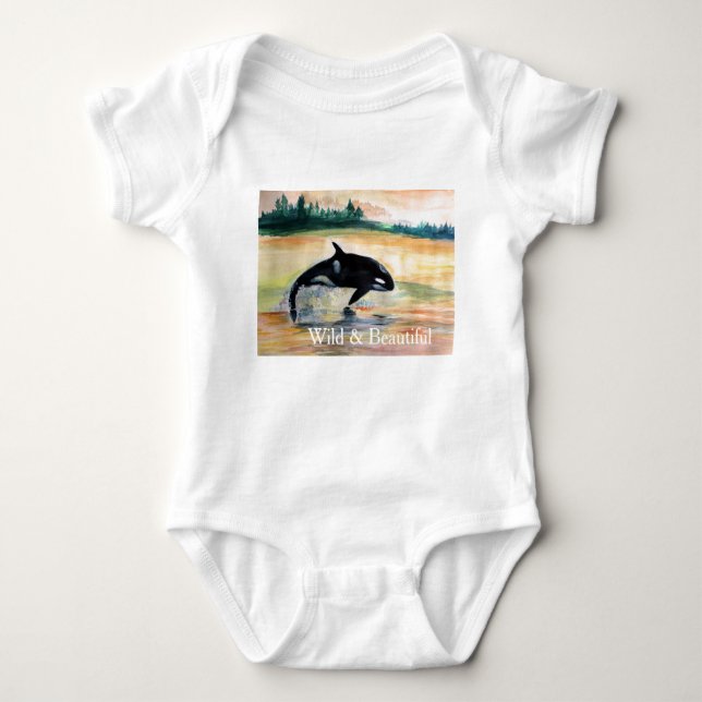 Orca Whale Baby Jersey Bodysuit, White Baby Bodysuit (Front)