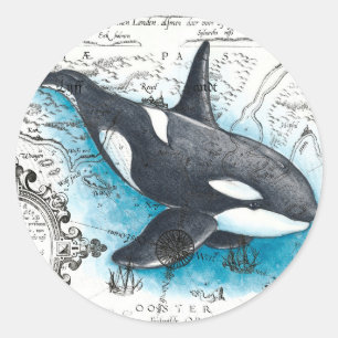Orca Whale Blue Watercolor Nautical Map Classic Round Sticker