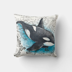 Orca Whale Blue Watercolor Nautical Map Cushion