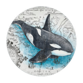 Orca Whale Blue Watercolor Nautical Map Cutting Board