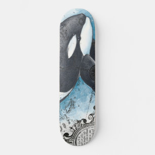 Orca Whale Blue Watercolor Nautical Map Skateboard