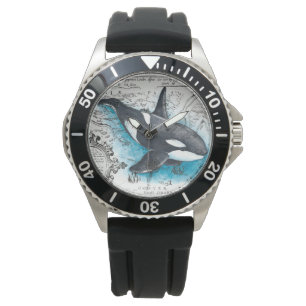 Orca Whale Blue Watercolor Nautical Map Watch