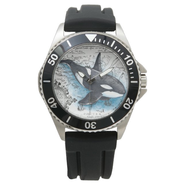 Orca Whale Blue Watercolor Nautical Map Watch (Front)