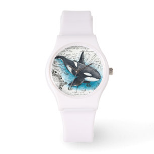 Orca Whale Blue Watercolor Nautical Map Watch