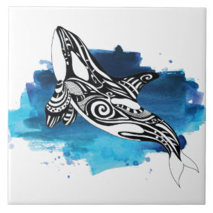 Orca Whale Blue Watercolor Tile