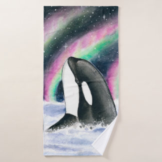 Orca Whale Galaxy Northern Lights Stars Watercolor Bath Towel Set