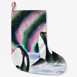 Orca Whale Galaxy Northern Lights Stars Watercolor Small Christmas Stocking