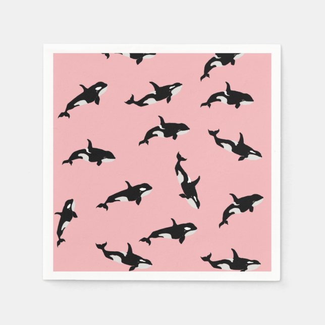 Orca Whale Illustration Pod Pattern Ocean Pink Napkin (Front)