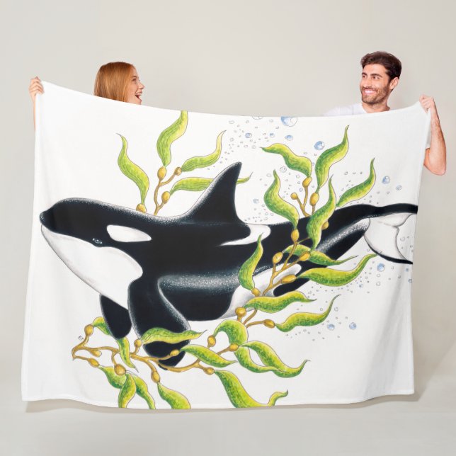 Orca whale In Kelp Forest ink art Fleece Blanket (In Situ)