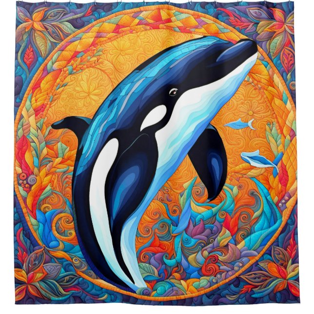 Orca Whale Leaping Decorated Quilt Block Shower Curtain (Front)