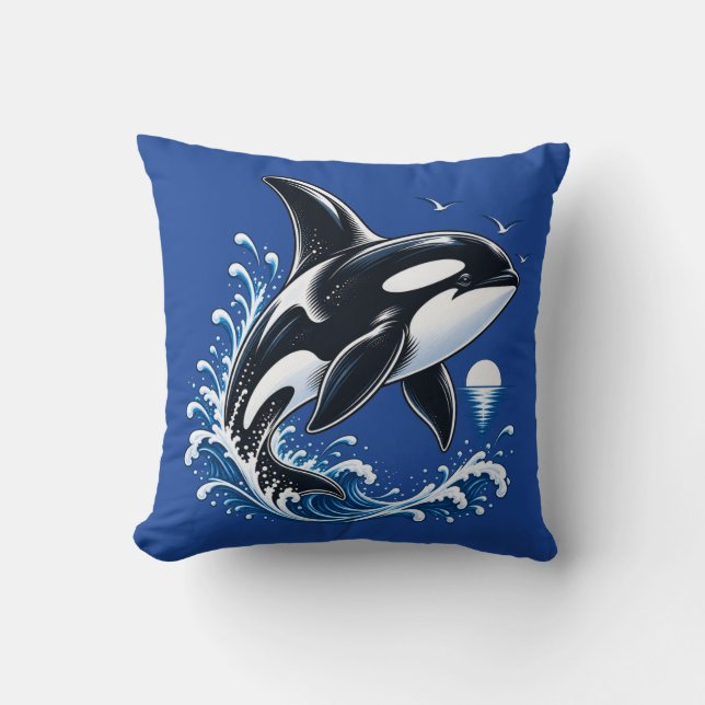 Orca Whale Ocean Wave Throw Pillow – Killer Whale  (Front)