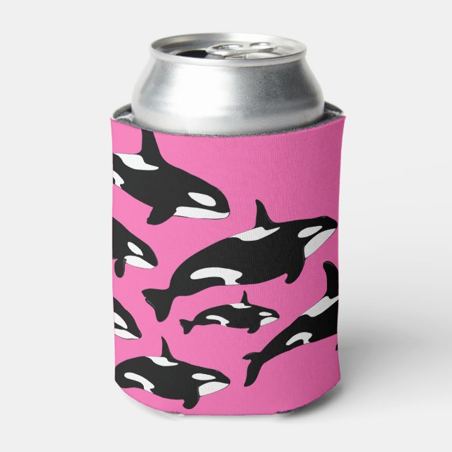 Orca Whale Pattern, Black and White on Hot Pink Can Cooler (Can Front)