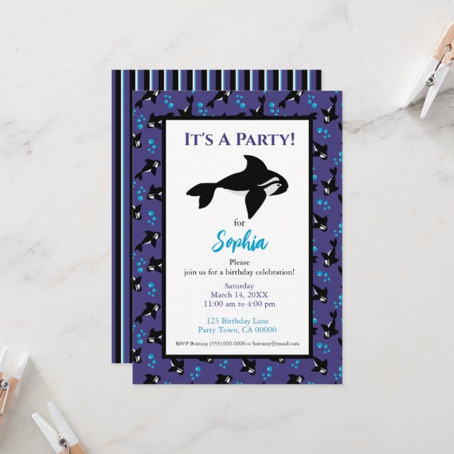 Orca Whale Purple and Blue Pattern Birthday Invitation (Front/Back In Situ)