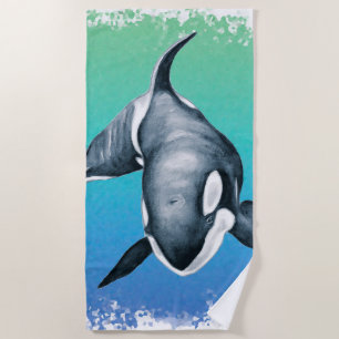 Orca Whale Teal crystal Beach Towel