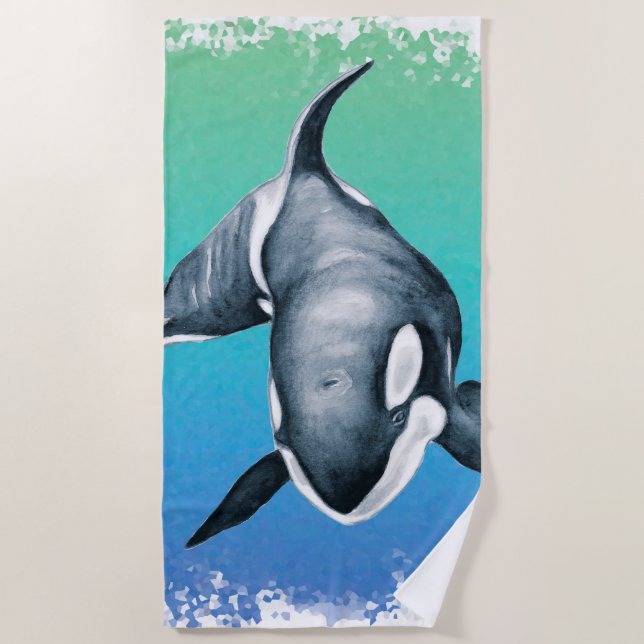 Orca Whale Teal crystal Beach Towel (Front)